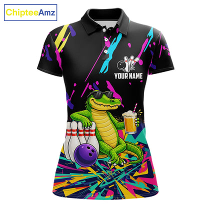 Colorful Bowling Jersey Funny Alligator Bowling Polo & 1/4 Zip For Women Custom Bowling Team Shirts TDM6491