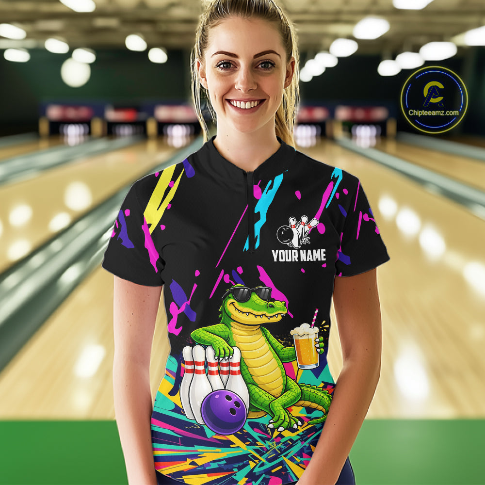 Colorful Bowling Jersey Funny Alligator Bowling Polo & 1/4 Zip For Women Custom Bowling Team Shirts TDM6491