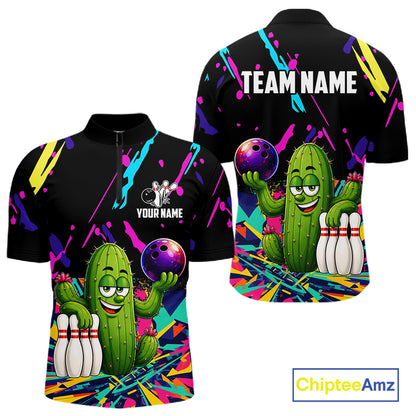 Colorful Bowling Jersey Funny Cactus Bowling Polo & 1/4 Zip For Men Custom Bowling Team Shirts TDM6492