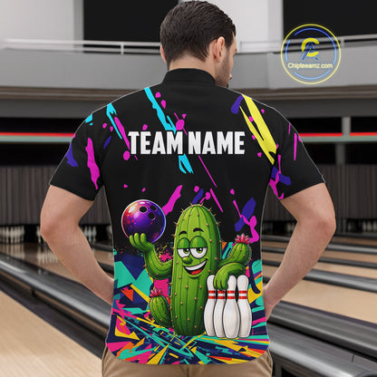 Colorful Bowling Jersey Funny Cactus Bowling Polo & 1/4 Zip For Men Custom Bowling Team Shirts TDM6492