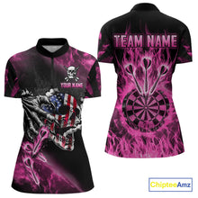 Load image into Gallery viewer, Fire Flame Darts Board American Flag Skull Dart Shirts For Women Custom Darts Team Jerseys |Pink TDM4774