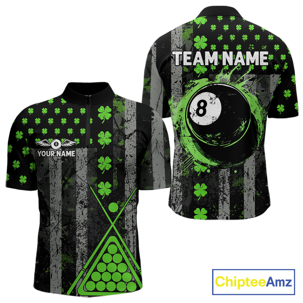 Green Grunge US Flag Luckiest Shamrock Billiard Shirt For Men Custom St Patrick Day Pool Jersey TDM5710
