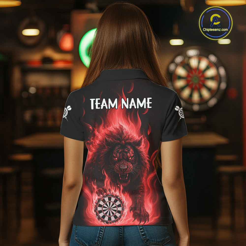 Red Flaming Lion Darts Shirts For Women Custom Fire Darts League Jersey Team Polo & 1/4 Zip TDM6065