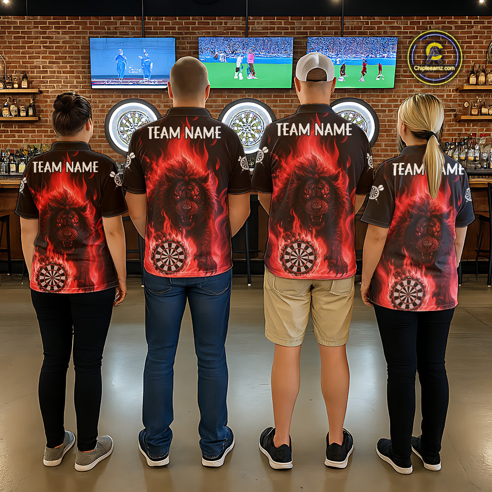 Red Flaming Lion Darts Shirts For Men Custom Fire Darts League Jersey Team Polo & 1/4 Zip TDM6065