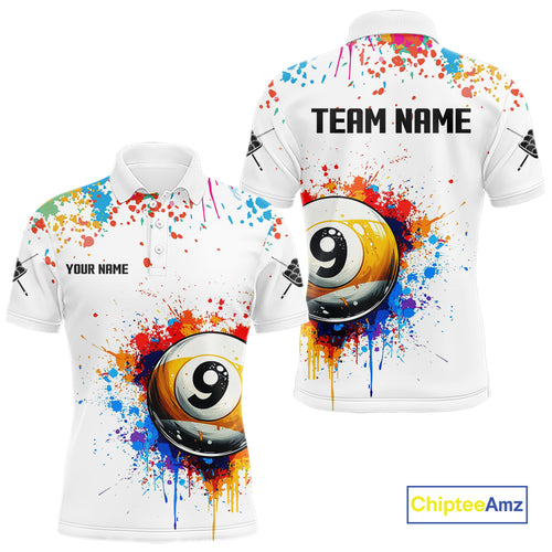 Funny 9 Ball Pool Colorful Paint Splash Custom Billiard Shirt For Men, Billiard Team Jersey|White TDM3977