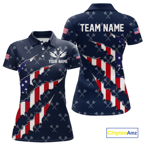 Personalized American Flag Navy Dart Pattern Polo & Quarter Zip For Women, Patriotic Darts Jersey TDM4996