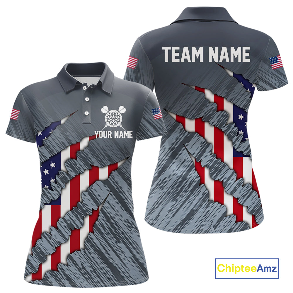 American Flag Grey Grunge Darts Polo & Quarter Zip Custom Dart Shirt For Women Patriotic Dart Jersey TDM4998