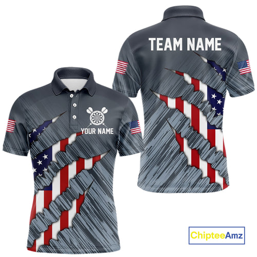 American Flag Grey Grunge Darts Polo & Quarter Zip Custom Dart Shirt For Men Patriotic Dart Jersey TDM4998
