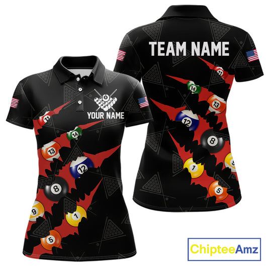 Personalized Scratch Black 8 Ball Billiard Shirt For Women, Pool Team Jersey Polo 1/4 Zip |Red TDM6072