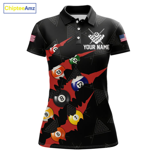 Personalized Scratch Black 8 Ball Billiard Shirt For Women, Pool Team Jersey Polo 1/4 Zip |Red TDM6072