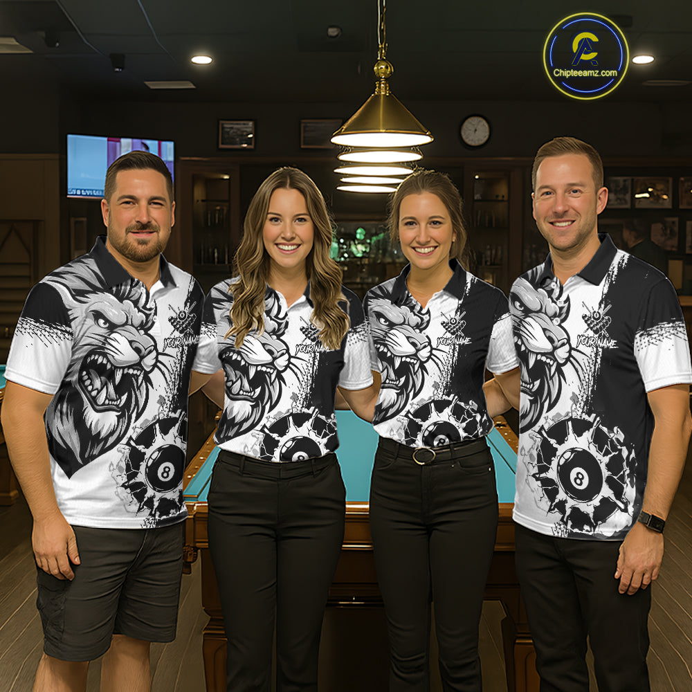 Black And White Funny Lion Billiard Shirt For Women Custom 8 Ball Pool Team Jersey Polo & 1/4 Zip TDM6321