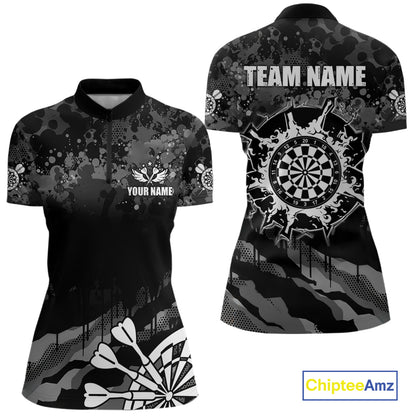 Black Grey Grunge Camo Darts Shirt For Women Custom Darts Jersey Team Polo & 1/4 Zip, Darts Uniform TDM6322