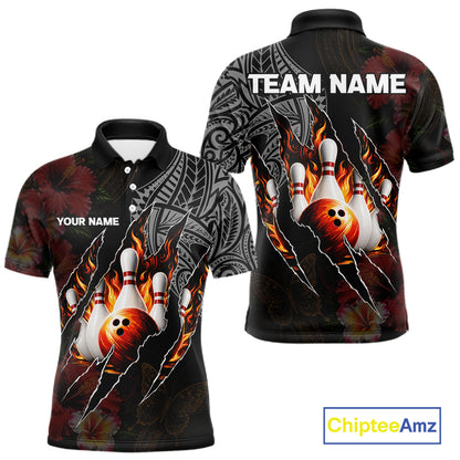 Personalized Hibiscus Flower Flame Bowling Shirt For Men, Tribal Bowling Team Jersey Polo, 1/4 Zip TDM6501