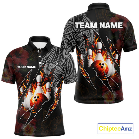 Personalized Hibiscus Flower Flame Bowling Shirt For Men, Tribal Bowling Team Jersey Polo, 1/4 Zip TDM6501