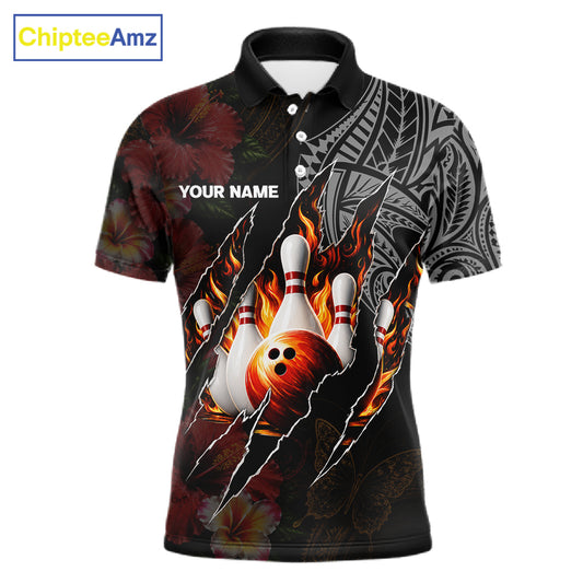 Personalized Hibiscus Flower Flame Bowling Shirt For Men, Tribal Bowling Team Jersey Polo, 1/4 Zip TDM6501