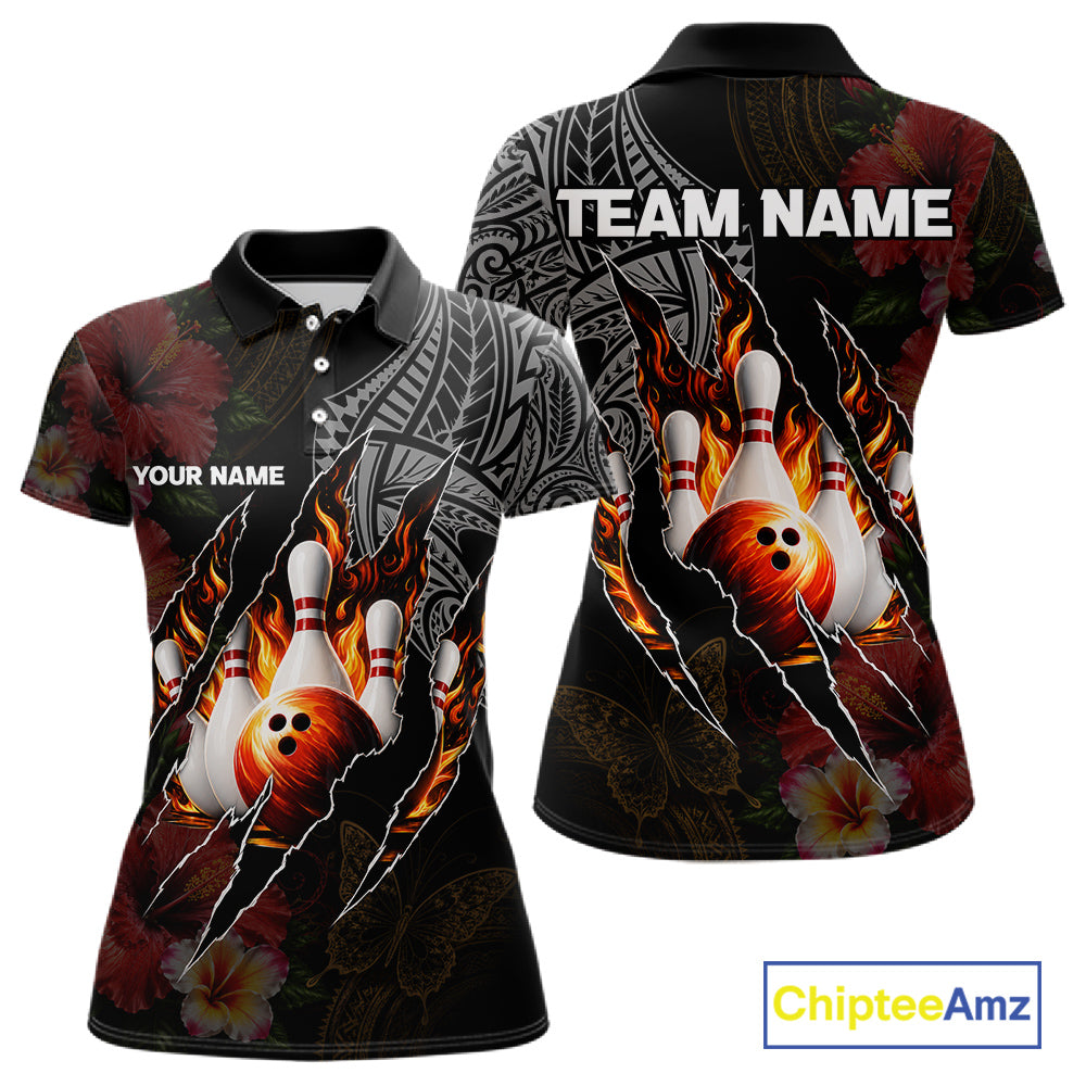 Personalized Hibiscus Flower Flame Bowling Shirt For Women, Tribal Bowling Team Jersey Polo, 1/4 Zip TDM6501