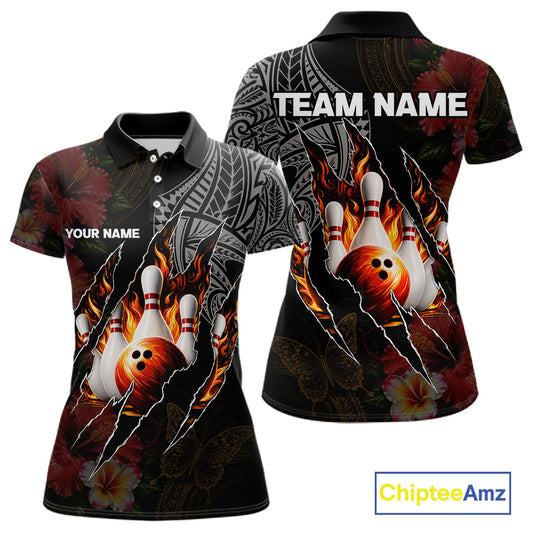 Personalized Hibiscus Flower Flame Bowling Shirt For Women, Tribal Bowling Team Jersey Polo, 1/4 Zip TDM6501