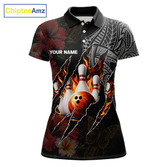 Personalized Hibiscus Flower Flame Bowling Shirt For Women, Tribal Bowling Team Jersey Polo, 1/4 Zip TDM6501