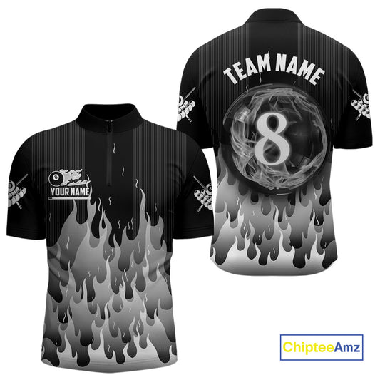 Black And Grey Flaming 8 Ball Pool Men Billiard Polo & 1/4 Zip Custom Pool Team Player Jersey TDM4186