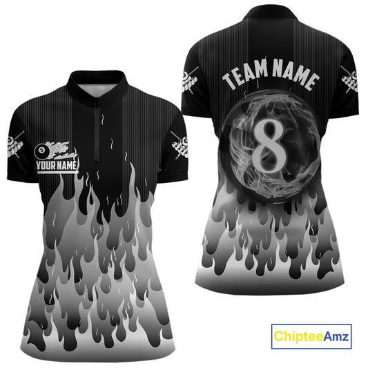 Black And Grey Flaming 8 Ball Pool Women Billiard Polo & 1/4 Zip Custom Pool Team Player Jersey TDM4186