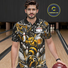 Load image into Gallery viewer, Man wearing yellow funny bee graffiti bowling team jersey polo shirt featuring colorful graffiti bee artwork, front view.