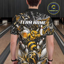Load image into Gallery viewer, Man wearing yellow funny bee graffiti bowling team jersey polo shirt featuring colorful graffiti bee artwork, back view.