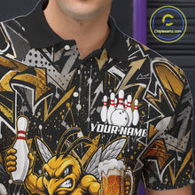 Load image into Gallery viewer, Close-up of the yellow funny bee graffiti bowling team jersey polo shirt showing the collar, buttons, premium performance fabric and vibrant bee graffiti graphics.
