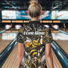 Load image into Gallery viewer, Woman wearing yellow funny bee graffiti bowling team jersey quarter zip shirt featuring colorful graffiti bee artwork, front view.