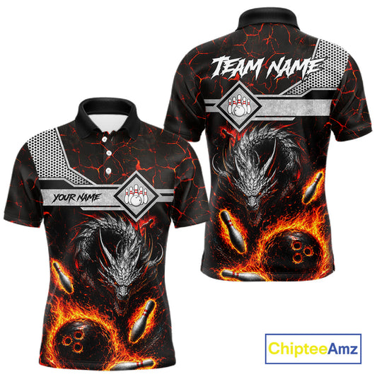 Personalized fire flame dragon bowling team jersey polo shirt for men featuring a fierce fire dragon design, premium custom bowling league apparel for tournaments, league nights and competitive bowling teams.