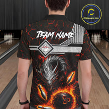 Load image into Gallery viewer, Man wearing personalized fire flame dragon bowling team jersey polo shirt featuring blazing fire dragon artwork, back view.