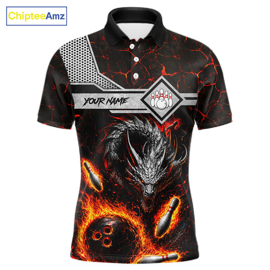 Personalized fire flame dragon bowling team jersey polo shirt for men featuring a fierce fire dragon design, premium custom bowling league apparel for tournaments, league nights and competitive bowling teams.