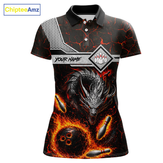 Personalized fire flame dragon bowling team jersey polo shirt for women featuring a fierce fire dragon design, premium custom bowling league apparel for tournaments, league nights and competitive bowling teams.