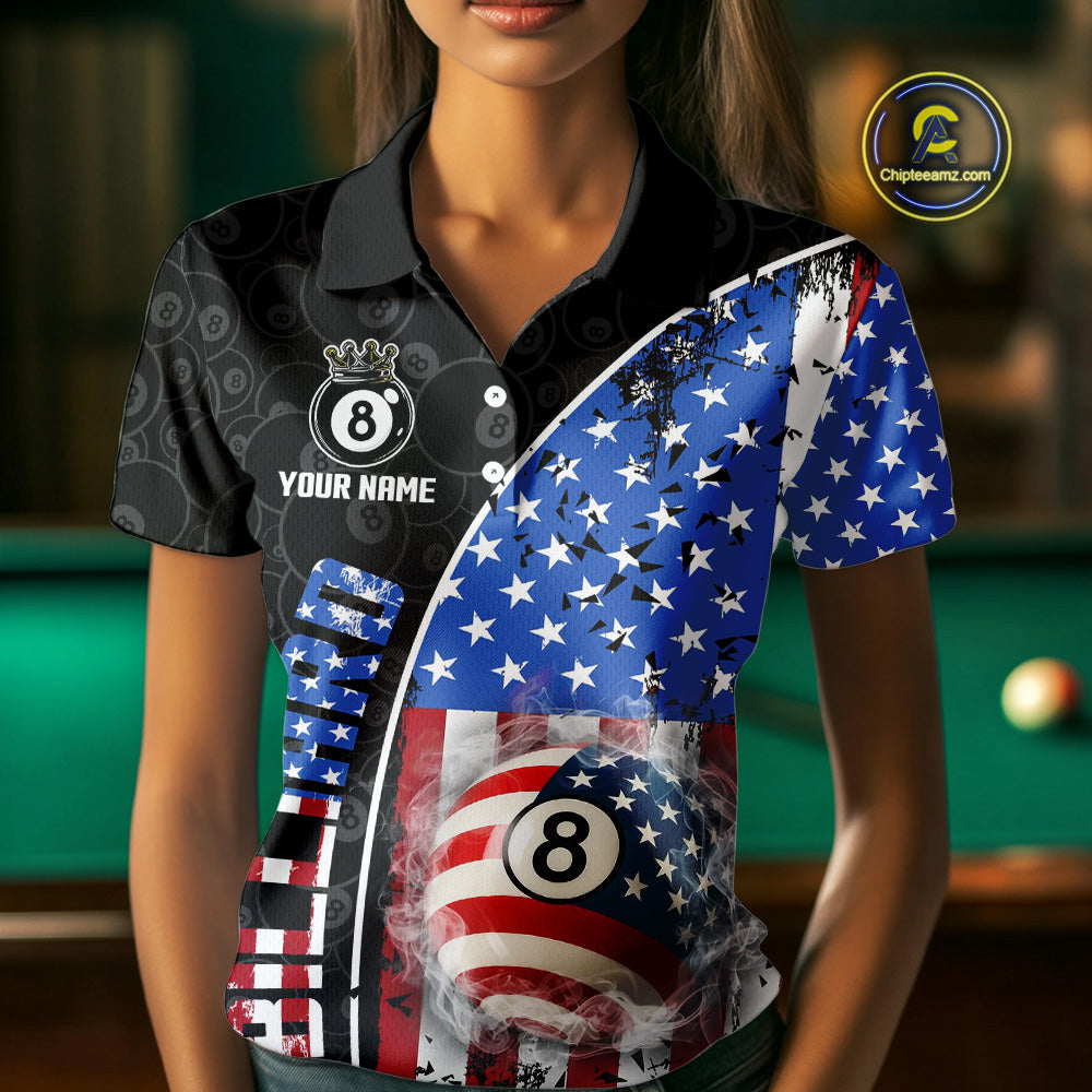 American Flag 8 Ball Smoke Billiard Shirts For Women Custom Patriotic Pool Team Jerseys TDM3997