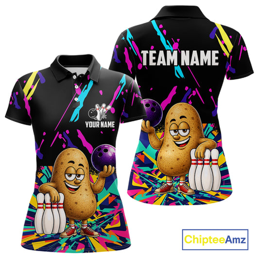 Colorful potato bowling polo shirt for women with funny custom bowling team graphics.