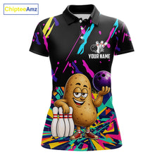 Load image into Gallery viewer, Colorful potato bowling polo shirt for women with funny custom bowling team graphics.
