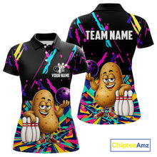 Load image into Gallery viewer, Colorful potato bowling polo shirt for women with funny custom bowling team graphics.