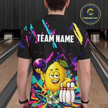 Load image into Gallery viewer, Back view of man wearing a colorful lemon bowling polo shirt inside a bowling alley.