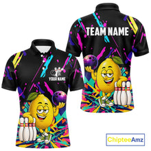 Load image into Gallery viewer, Colorful lemon bowling polo shirt for men with vibrant custom bowling team graphics.