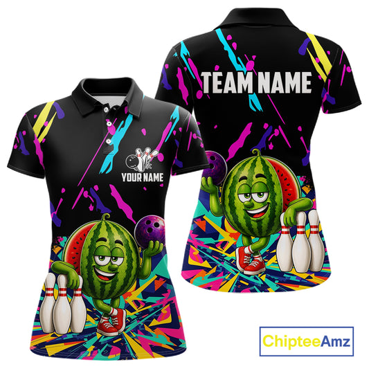 Colorful watermelon bowling polo shirt for women with vibrant custom bowling team graphics.