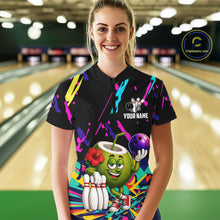 Load image into Gallery viewer, Woman wearing a colorful coconut bowling quarter zip jersey during league competition front view.