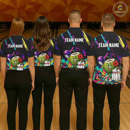 Back view of bowling team wearing matching coconut bowling shirts in a bowling alley.