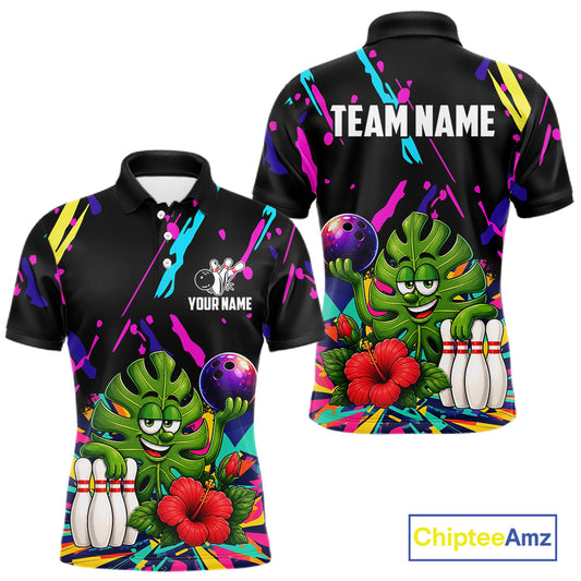 Colorful monstera hibiscus bowling polo shirt for men with tropical custom bowling team graphics.