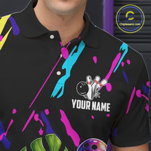 Load image into Gallery viewer, Close-up of a colorful monstera hibiscus bowling polo shirt collar, buttons, and tropical artwork.
