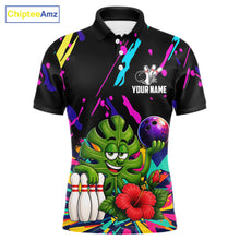 Load image into Gallery viewer, Colorful monstera hibiscus bowling polo shirt for men with tropical custom bowling team graphics.