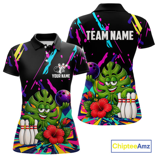 Colorful sunflower bowling polo shirt for women with vibrant custom bowling team graphics.