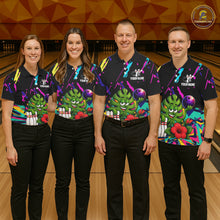Load image into Gallery viewer, Bowling team wearing matching colorful monstera hibiscus bowling jerseys during tournament matches front view.