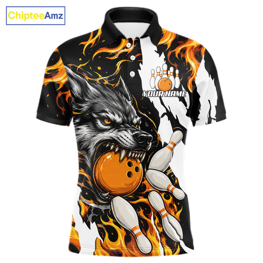 Personalized orange flame wolf bowling team jersey polo shirt for men featuring a fierce wolf with blazing orange flame artwork, premium custom bowling league apparel for tournaments, league nights and competitive bowling teams.