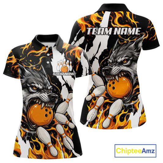 Personalized orange flame wolf bowling team jersey polo shirt for women featuring a fierce wolf with blazing orange flame artwork, premium custom bowling league apparel for tournaments, league nights and competitive bowling teams.