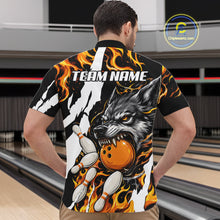 Load image into Gallery viewer, Man wearing personalized orange flame wolf bowling team jersey quarter zip shirt featuring orange flame wolf artwork, back view.