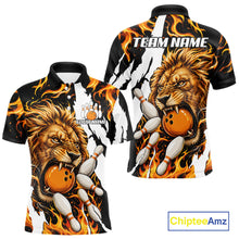 Load image into Gallery viewer, Personalized orange flame lion bowling team jersey polo shirt for men featuring a fierce lion with blazing orange flame artwork, premium custom bowling league apparel for tournaments and league play.